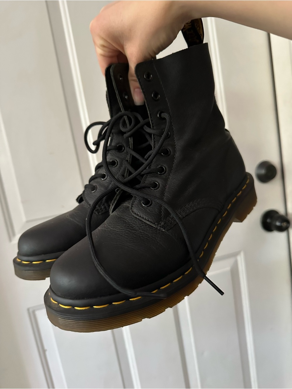 Dr. Martens Black Leather Lace-Up Boots with Yellow Stitching